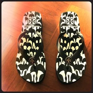 Tory Burch Black & White Rubber Wedge Flip Flops